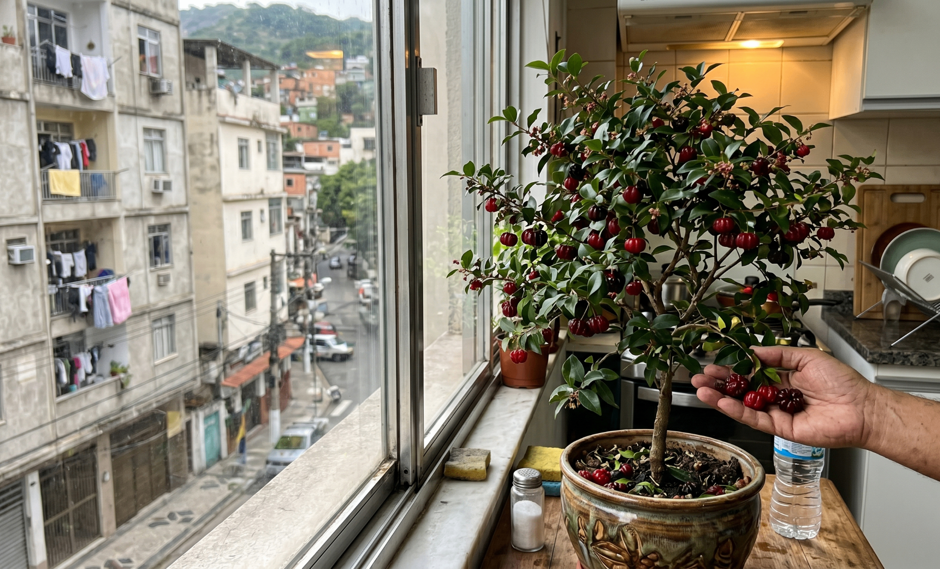 Aceroleira em vaso grande em área de serviço de apartamento com frutos vermelhos