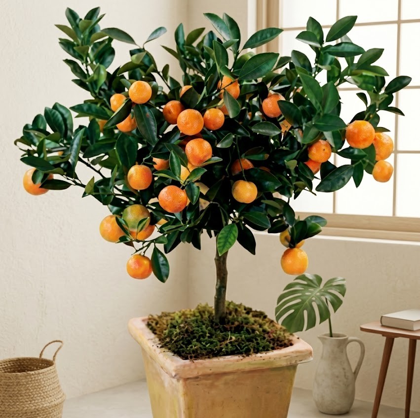 Laranjeira frutificando em vaso dentro de casa